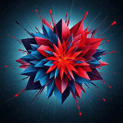The primary subject of the image is a colorful, abstract flower design. The setting is a dark blue background, which contrasts with the vibrant colors of the flower. The visual style is a combination of digital art and illustration, creating a unique and eye-catching pattern. The dominant colors are red, blue, and pink, giving the flower a lively and energetic appearance.